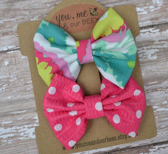 Pink Fabric Hair Bow set Bright Pink with White Polka Dot and