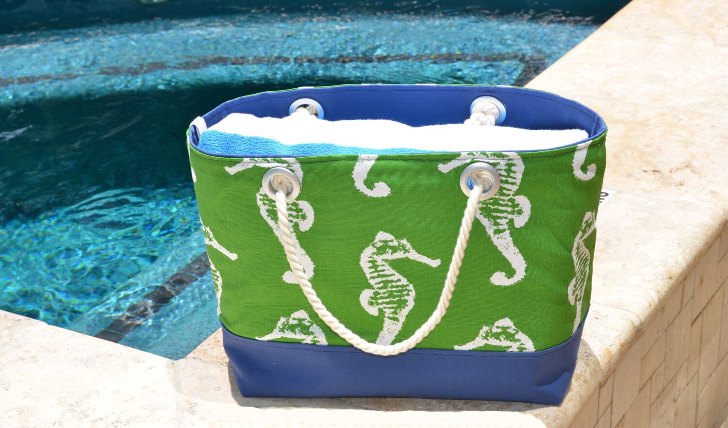 Green and navy canvas large beach bag tote with by RobertCayman