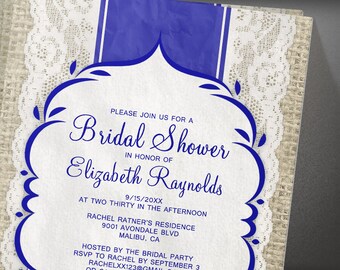 Blue Vintage Linen Burlap & Lace Bridal Shower invites