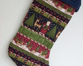 Santa Quilted Christmas Stocking with Reindeer, Trees and a Snowman