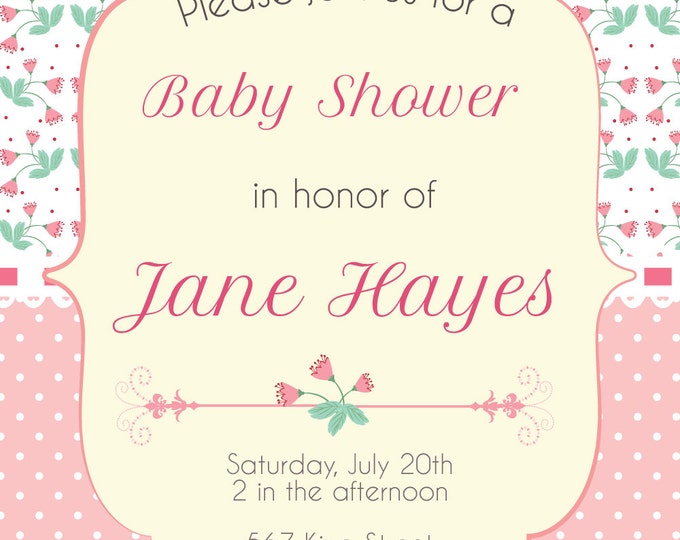 Babyshower Invitation. Pastel colors with shabby chic style, personalized. Printable.