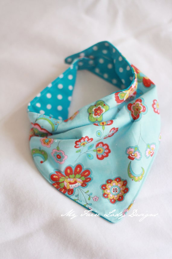 Reversible Bandana Bib for Baby, Aqua Floral and Polka Dot, Turquoise