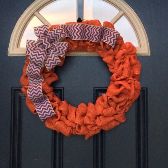 Orange Burlap Wreath with Purple Chevron Bow, Clemson Wreath