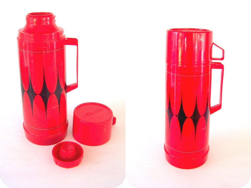 Vintage 1970s Aladdin 1 Quart Thermos Red Black Diamond Insulated Glass