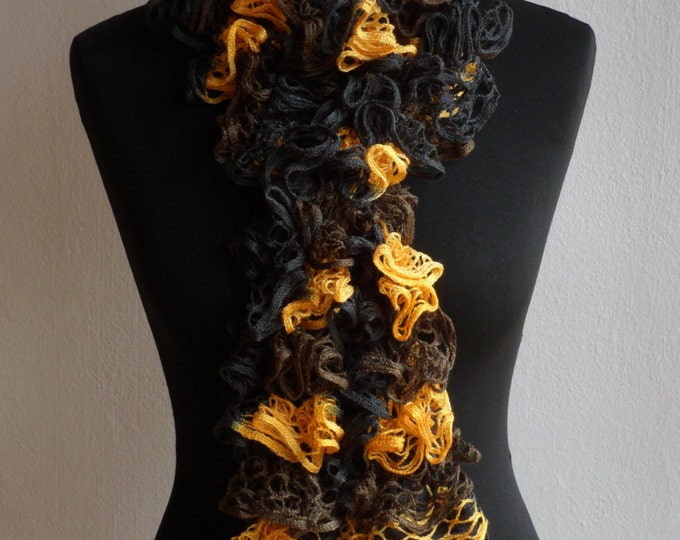 Ruffle scarf, Frilly scarf, Knitted scarf, Black yellow scarf, Fashion scarf, Mother's Day gift, Spring Accesories, Clearance sale!!!