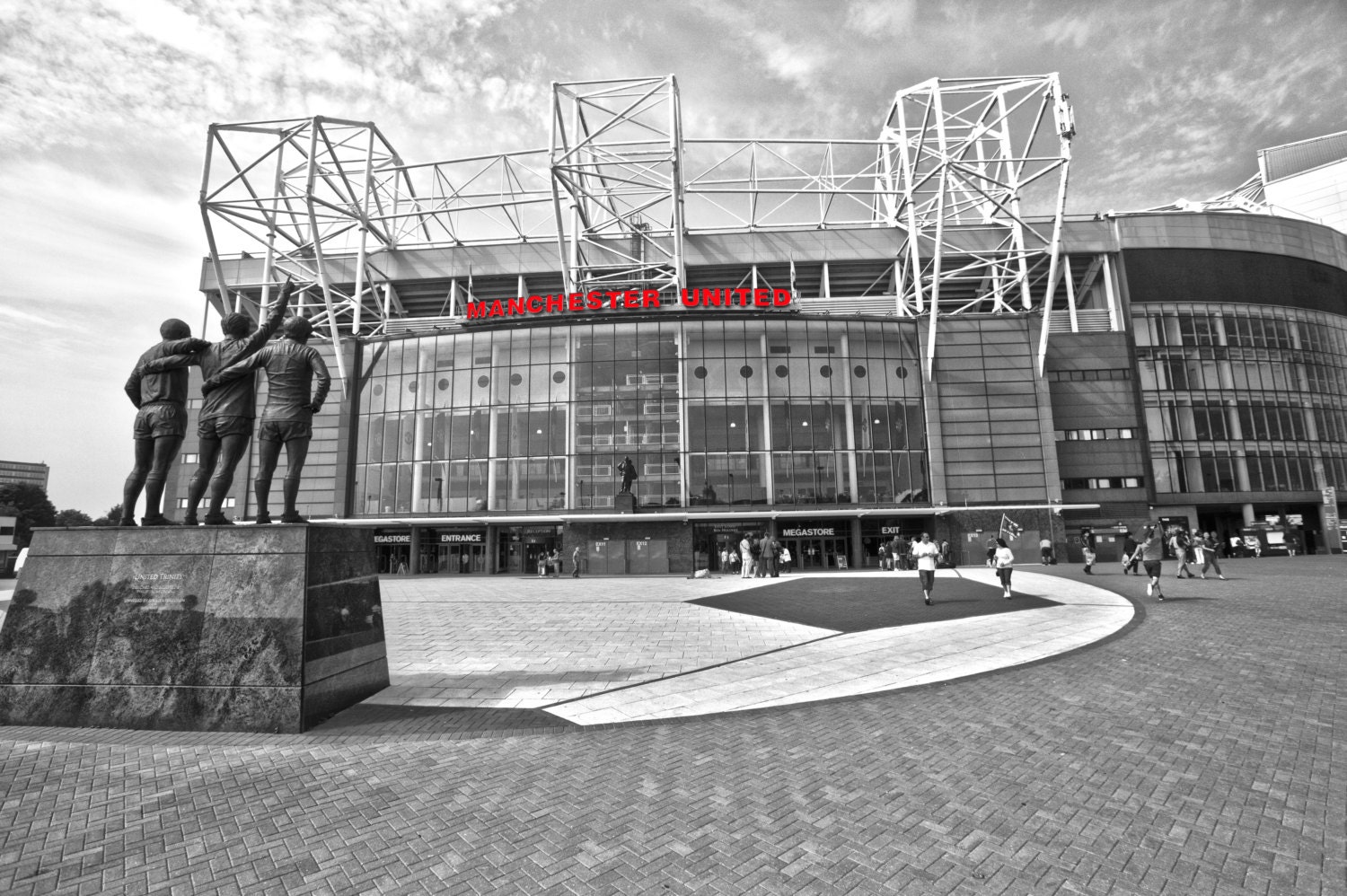 Old Trafford B & W With Manchester United Red Lettering Canvas