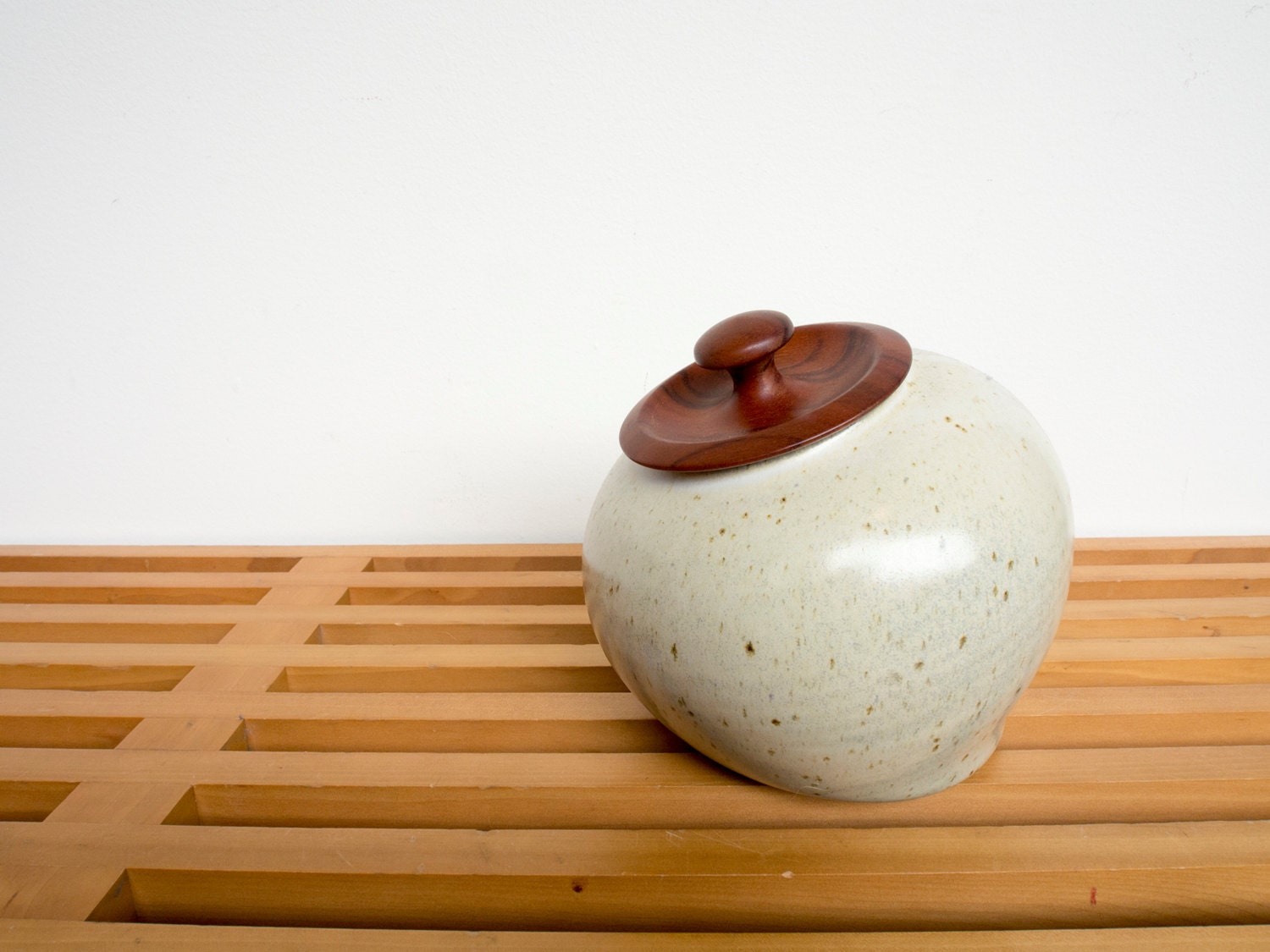 Ceramic Jar With Nicely Crafted Wooden Lid Mid Century Vintage Canister