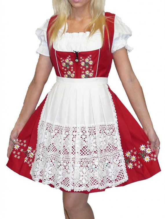 3-Piece Short Red German Dirndl Dress 0 2 4 6 8 10 12 14 16 18