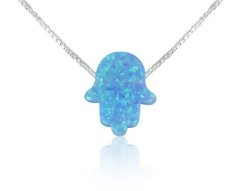 Blue opal hamsa necklace on a sterling silver chain, Safe to wet OUR BEST SELLER