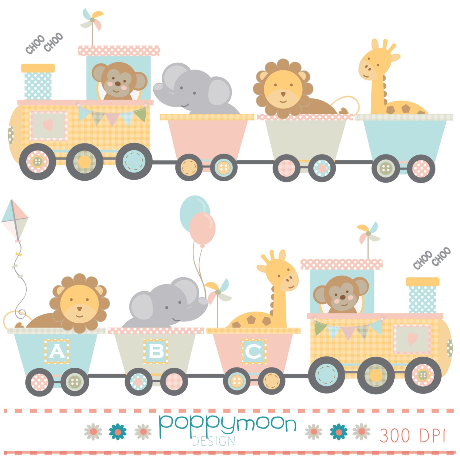 Train baby animals pink yellow blue and green printable