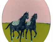 Horses - original art painting on oval wood panel