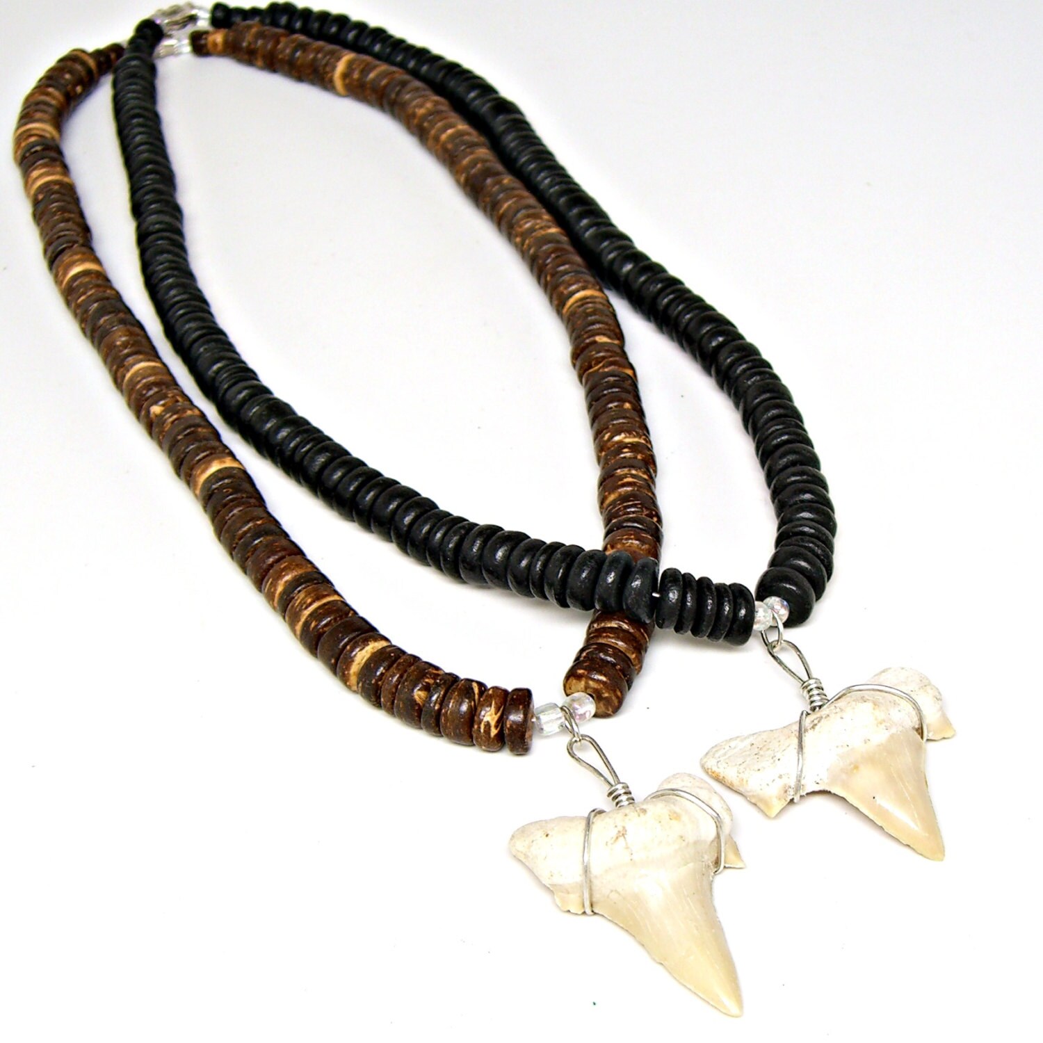 Fossil Shark Tooth Necklace 8mm Coconut Beads 18 and 21 Inches