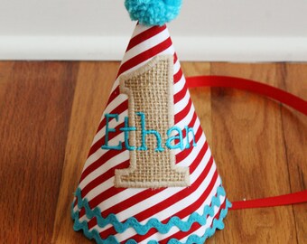 Boys 1st Birthday Circus Party Hat - red stripes, burlap, and aqua - Free personalization