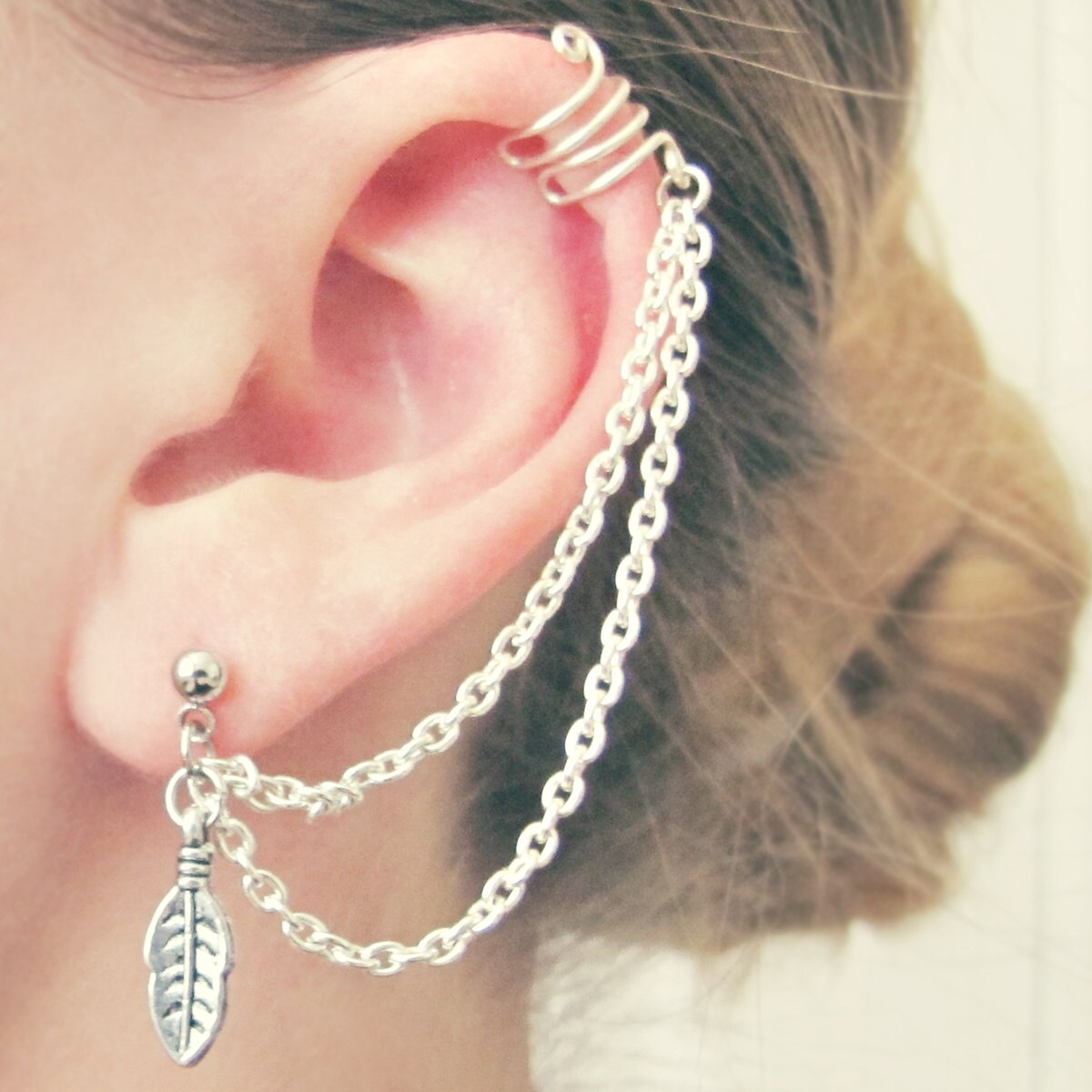 Double Chain Feather Earring With Ear Cuff
