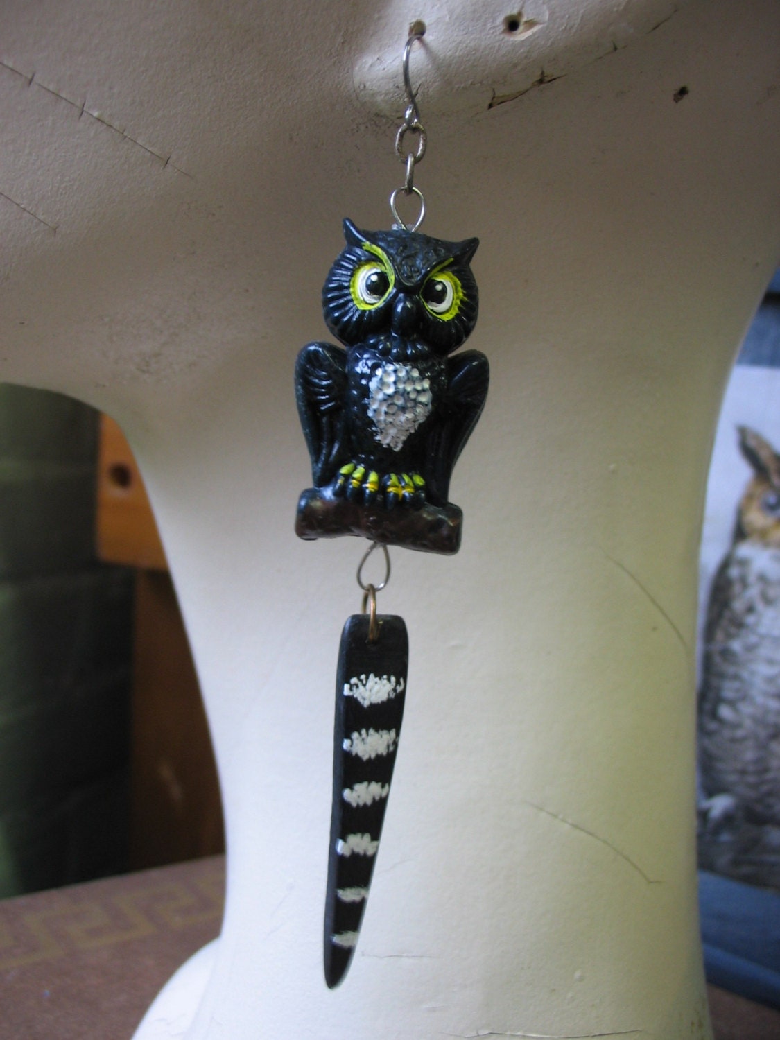 Black Owl Repurposed Vintage Owls Dangley Earings for Lovely Swan Necks