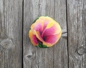 Pink Peachy Orange Yellow Hibiscus Painted Rock Green