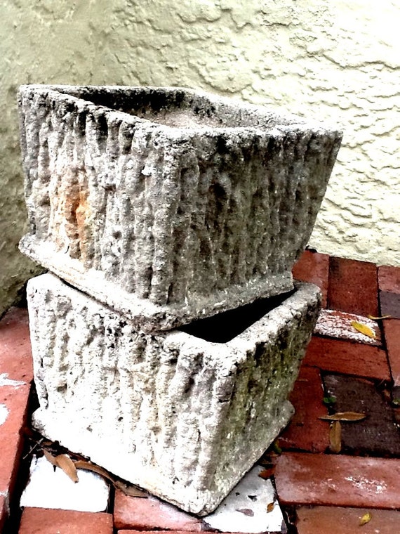 Vintage Modern Concrete Garden Planters with Faux Wood Detail