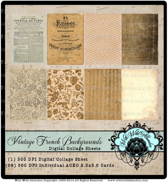 Vintage French Ephemera Backgrounds Digital Collage Sheet