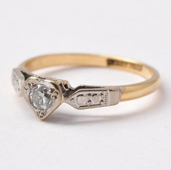 Art Deco Heart Diamond Ring Antique Engagement Solitaire 18K