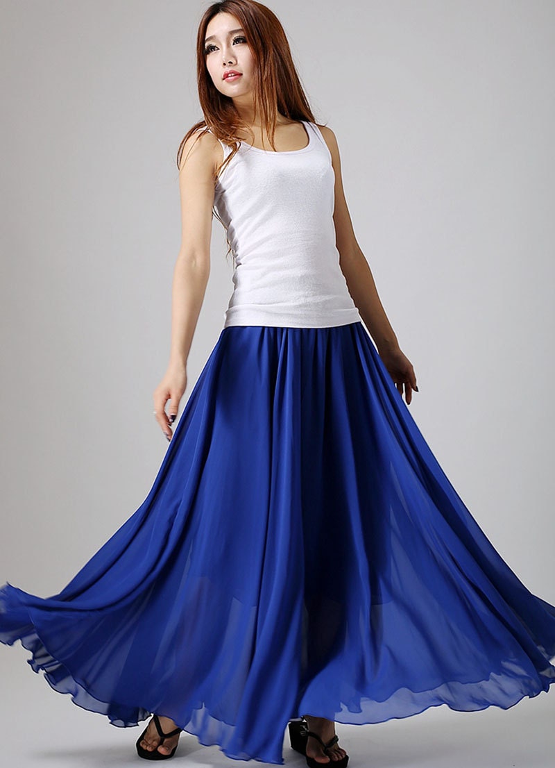 Chiffon Skirt Royal Blue Skirt Woman Maxi Skirt Long 3194