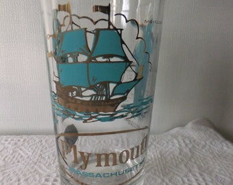 Vintage Souvenir State Glass Tumbler Plymouth Massachusetts Gold Turqouise Travel Vacation Retro Road Trip