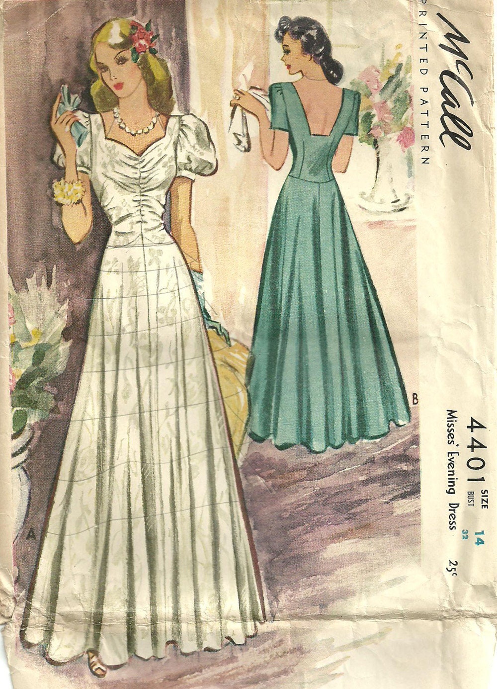 McCall 4401 Vintage 40s Sewing Pattern Evening Dress Gown Size