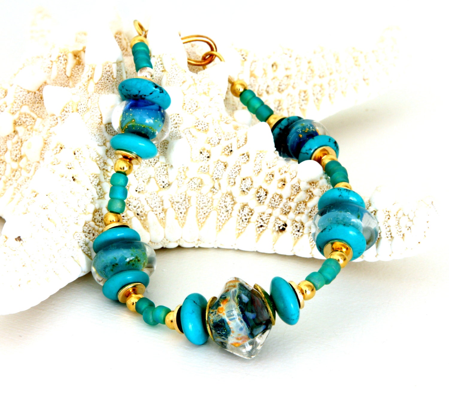 Turquoise and Gold Glass Bead Bracelet. Artisan Lampwork