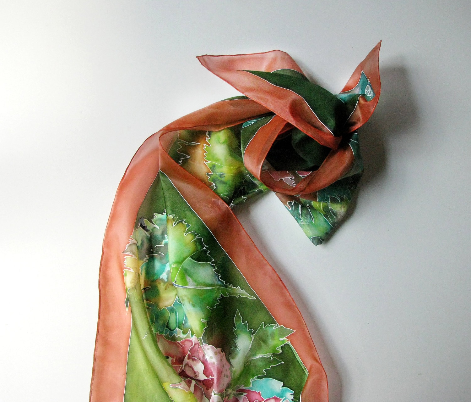 Green Scarf hand painted on ponge silk fall fashion by silkstory