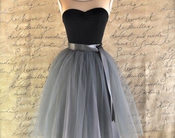 Tulle skirt for women in charcoal grey silver satin lining satin waist sash. Adult tutu skirt