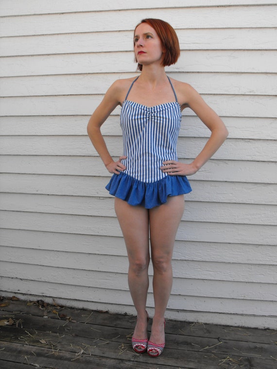 Vintage Striped Swimsuit Blue White Ruffle Bathing Suit Halter
