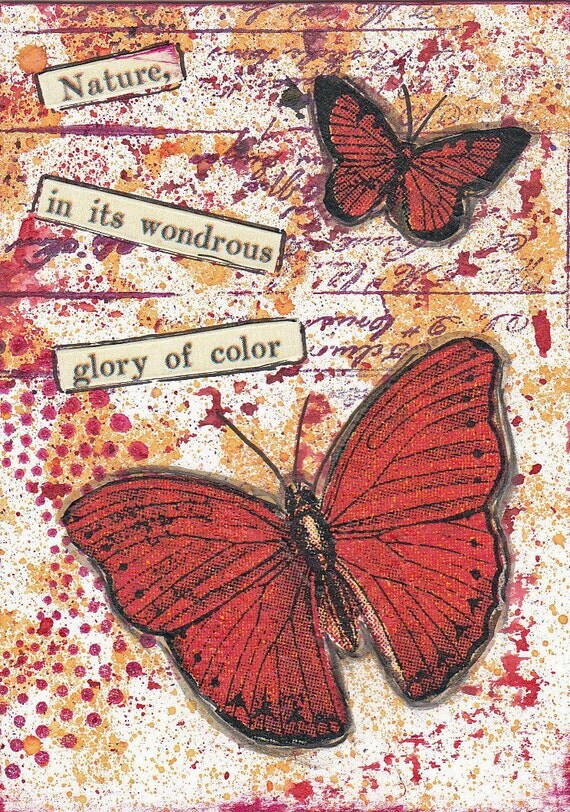 Original collage / mixed media ACEO - red butterflies