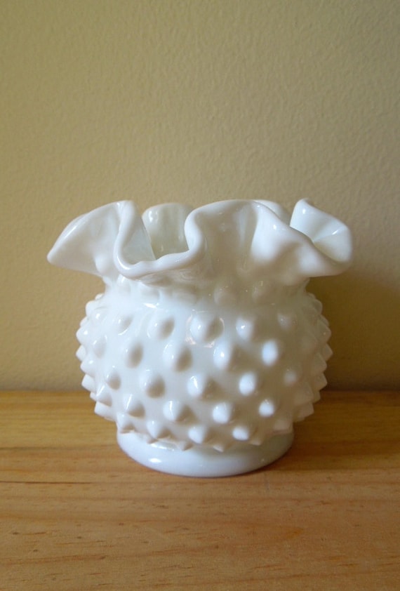 Small Milk Glass Vase Ruffled White Hobnail