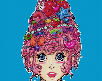 A4 size poster print - Decora style EPIC HAIR - pretty original anime manga comic style marker artwork