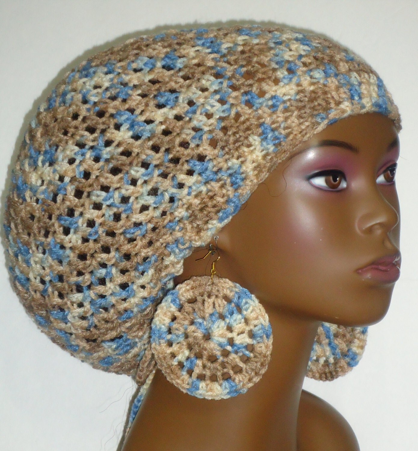 SALE Crochet Rasta Tam Hat Cap with Earrings and Drawstring