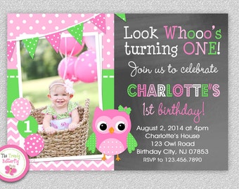 Owl Birthday Invitation , Girls Owl Invitations, 1st Birthday Owl Party, Pink and Green Owl Birthday Party, Printed Invitations