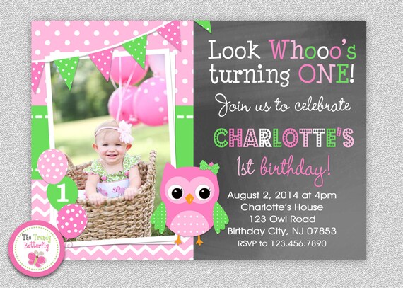 Owl Birthday Invitation , Girls Owl Invitations, 1st Birthday Owl Party, Pink and Green Owl Birthday Party, Printed Invitations , Printed Il_570xn