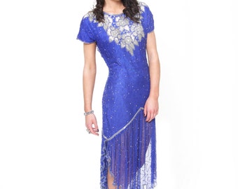Monika, Stunning French Vintage, Electric Blue Sequin and Bead Encrusted Evening Scalloped Hem Dress, from Paris