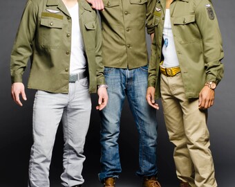 1980's MILITARY STYLE VINTAGE Austrian Army Olive Field Shirt By Top Rank Vintage