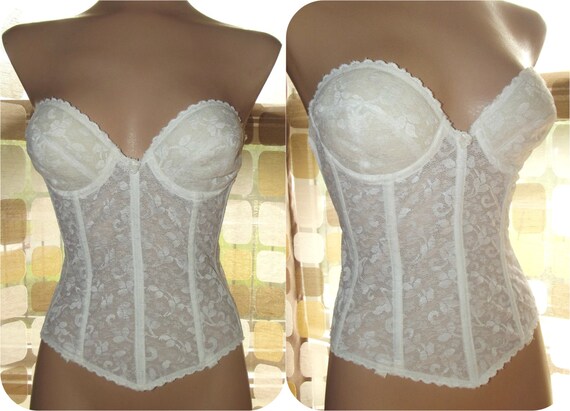 Vintage 70s Merry Widow Bustier Bra Corset 36b Sheer White