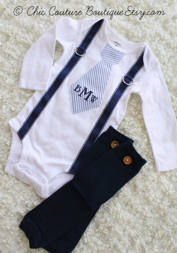 Baby Boy Striped Seersucker Personalized Tie and Suspender Bodysuit & Button Leg Warmers 1st Birthday Outfit Cake Smash 4th of July Stripes by ChicCoutureBoutique