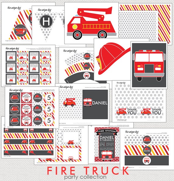 Fire Truck Birthday Party Package Printable Personalized