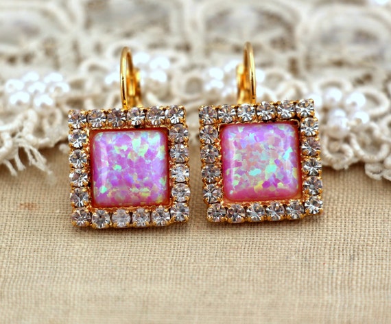 Pink Opal Drop earrings with white rhinestones, bridesmaids jewelry,wedding earrings, drop earrings- 14k gold plated swarovski earrings
