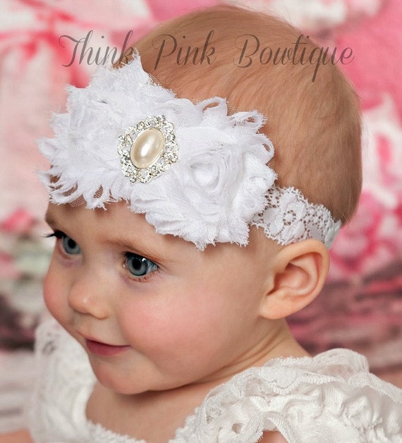 White baby Headband, christening headband, baptism Headband,Baby Headbands,Lace Headband, girl headband, Newborn Headband, Girls Headbands. by ThinkPinkBows