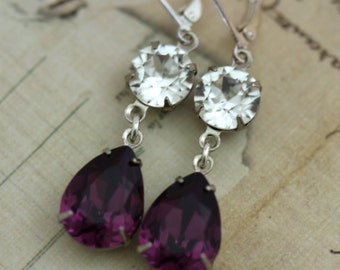Purple Earrings PLum Earrings Amethyst Earrings Swarovski Crystals Silver Dangle Earrings Pear Shaped Earrings Also available in clip on
