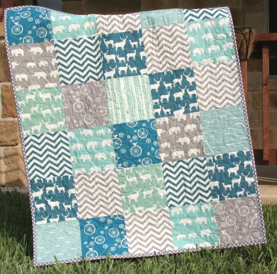 Organic Baby Boy Quilt Blue Teal Grey Gray Birch Fabric Elk