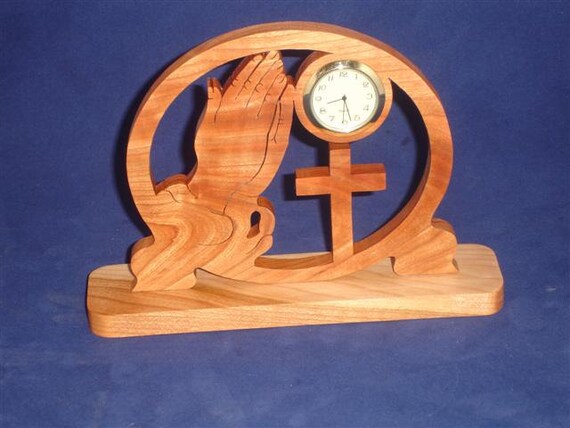 Praying Hands and Cross Desk Clock Handmade From Cherry Wood