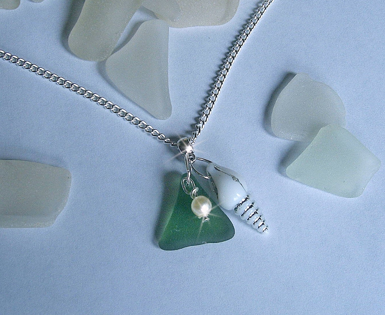 Sea glass necklace. Green seaglass beach glass shell necklace.