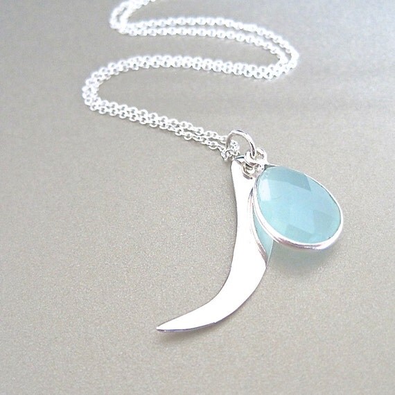 Silver Horn Necklace with Aqua Chalcedony by