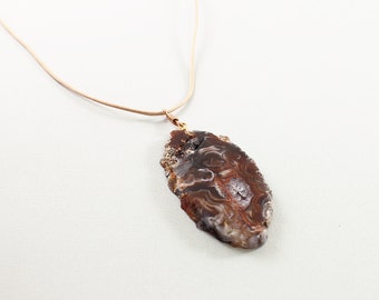 Mens necklace: natural stone jewelry for men, brown agate geode and leather necklace, rough stone necklace for men