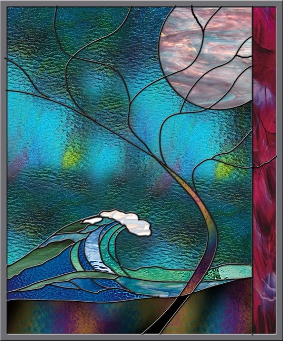 Wave Stained Glass Window Panel Wave Tree Moonlight Hawaii Turquoise Surf Australia Mexico
